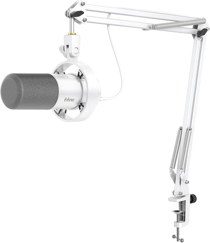 FIFINE AmpliTank K688CTW Dynamic Microphone with Boom Arm, XLR/USB Mic | Studio Vocal Podcast Mic Kit for PC, with Mute Button, Volume Knob, Headphone Jack, for Streaming Recording, White by FIFINE