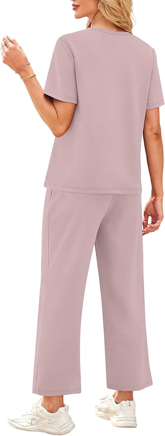WIHOLL 2 Piece Sets for Women Casual Summer Travel Vacation Outfits Short Sleeve Wide Leg Crop Pants Lounge Sets - Image 5