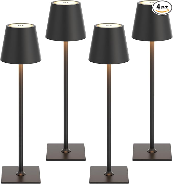 Kakanuo Cordless Rechargeable Table Lamp Black 5000mAh Battery Operated Lamps, 3 Colors Stepless Dimming Touch Lamp for Dining, Living Room, Outdoor Patio, Kitchen Counter, 4 Pack by KakanuoLightings