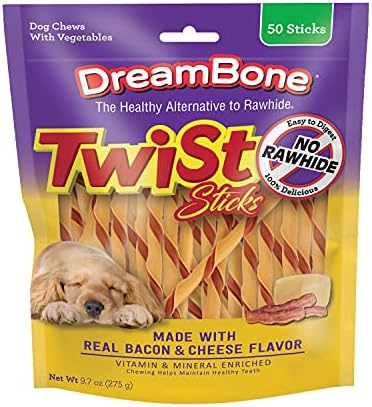 DreamBone Twist Stick Bacon & Cheese Rawhide-Free Dog Treats, 50 Count by Dreambone
