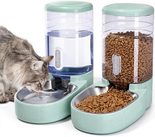 Automatic Cat Feeder and Water Dispenser with Stainless Steel Bowl Gravity Food Feeder and Waterer Set for Small Medium Dog Puppy Kitten 1 Gallon x 2(Green) by Kacoomi