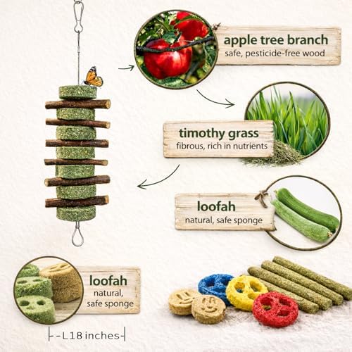 Grddaef 20 PCS Bunny Chew Toys for Teeth, Natural Rabbit Toys Apple Wood Grass Timothy Sticks Chew and Treat for Guinea Pigs Hamster Chinchillas - Image 3