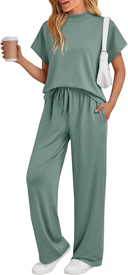 AUTOMET Women's 2 Piece Matching Lounge Sets 2026 Summer Mock Neck Sweatsuits Short Sleeve Loungewear Travel Outfits by AUTOMET