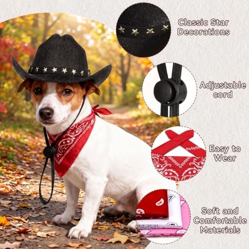 Pet Cowboy Costume, Dog Cowboy Hat with Bandana Scarf, Adjustable Cat Cowboy Hat for Party Cosplay Christmas, Halloween Cowboy Costumes for Small Pet Dogs Cats (Black, Small) - Image 3
