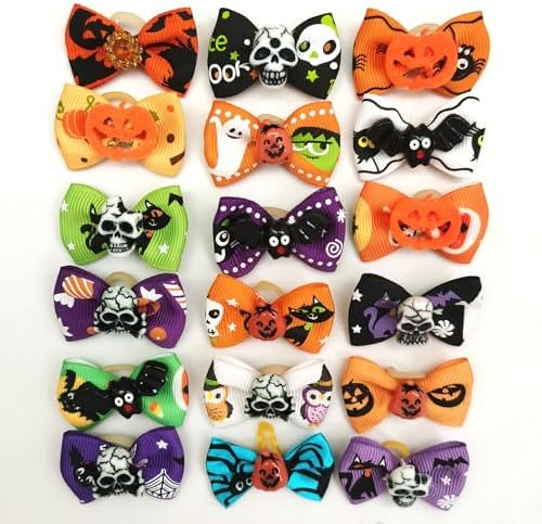 20Pcs/10 Pairs Puppy Yorkie Dog Hair Bow Halloween Ribbon with Rubber Band 40mm, Mix Colors Varies Patterns Pet Grooming Products (Halloween) - Image 5