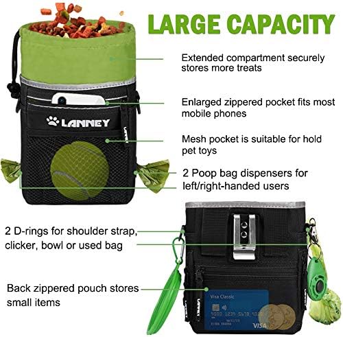 Dog Treat Pouch Pet Training Bag for Small to Large Dogs, Treat Tote Carry Kibble Snacks Toys for Training Reward Walking, Metal Clip, Waist belt, Shoulder Strap, Poop Bag Dispenser, Black with Green - Image 4