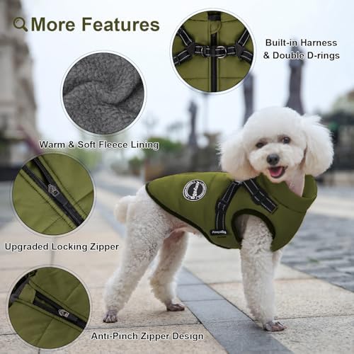 Warm Dog Winter Coat, Fashion Pet Cold Weather Jacket with Built-in Harness, Reflective & Adjustable Comfortable Pet Vest, Windproof Apparel for Small Medium Large Dogs (Green) - Image 3