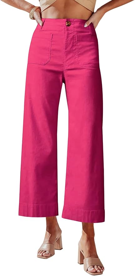 miduo Womens High Waisted Cropped Wide Leg Stretchy Straight Pants Trousers with Pockets by miduo