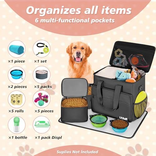 5 Set Dog Travel Bag for Supplies, Dog Lovers, Large Pet Travel Kit Includes 2 Food Containers&2 Collapsible Bowls、Placemats,Black - Image 7
