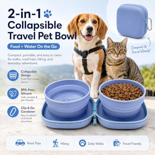 Portable Dog Bowl, Collapsible 2-in-1 Travel Dog Bowls with Carabiner Clip, Silicone Double Pet Food and Water Dish for Outdoor Camping and Hiking (Blue) - Image 2