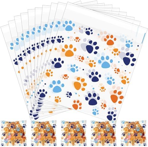 Pasimy 200 Pcs Dog Paw Treat Bags, Clear Self Adhesive Blue Orange by Pasimy