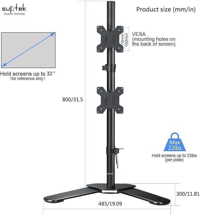 Suptek Dual LED LCD Monitor Stand up Free-Standing Desk Mount for 2 / Two Screens up to 32 inch Extra Tall 31.5 inch Pole Heavy Duty Fully Adjustable Stand Vertical Array (ML6802) - Image 2