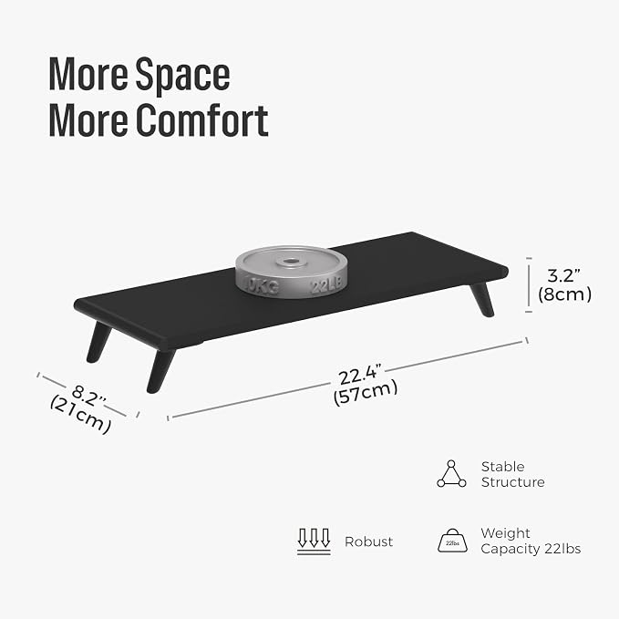 loukin Monitor Stand Riser for Desk, 22.4" x 8.3" Larger Computer Stand for Laptop, PC, Printer, Sturdy Desktop Computer Shelf with Non-Skid Rubber, Home Office (Black) - Image 2