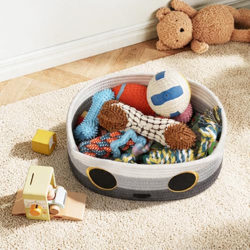 Cat Toy Basket, Small Woven Cat Toy Storage Box with Cute Ear Handle Indoor, Cotton Rope Storage Bin with Embroidered Face for Home Decor, Pet Bed, Nursery Kids Room Organization, 3-tone Gray - Image 6