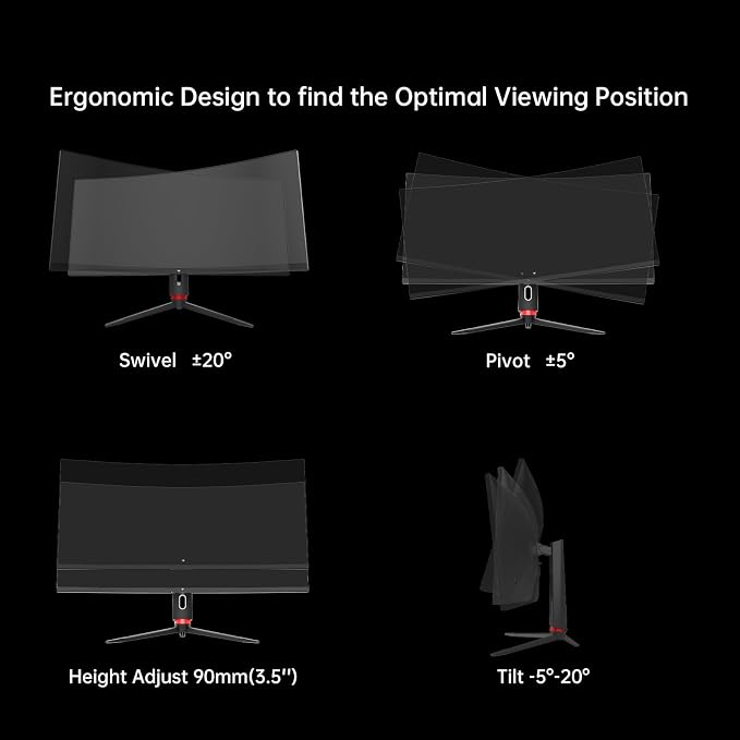 KTC 34 Inch Curved Ultrawide Gaming Monitor, 21:9, 3440x1440p 180Hz 1ms, 1500R Curved Monitor, Freesync G-sync, Picture by Picture,PIP, Height/Tilt/Swivel/Pivot, H34S18S - Image 8