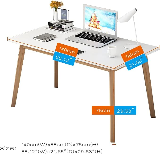 IOTXY Simple Wooden Writing Desk - Modern Minimalist Style PC Laptop Computer Workbench with Solid Wood Legs, 55" W Home Office Work Table for TV Stand Music Video Live Broadcast Workstation, White - Image 6
