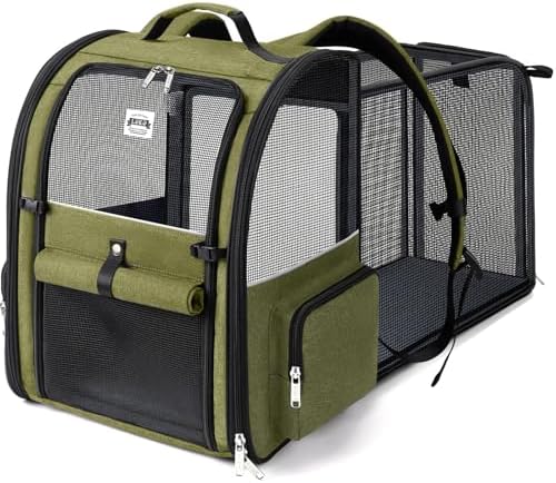 Large Cat Backpack Carrier Expandable Pet Carrier Backpack for Small Dogs Medium Cats Fit Up to 18 Lbs, Dog Backpack Carrier, Foldable Puppy Backpack Carrier for Travel,Dark Green, Large by LEKEBOBOR