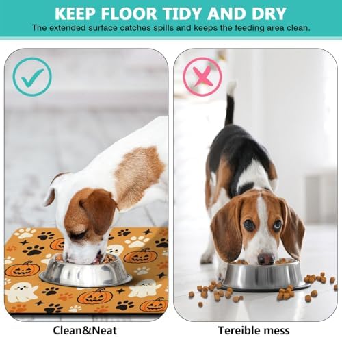 Halloween Dog Food & Water Mat, Orange Pumpkin Ghost Paw Prints Pet Feeding Mat for Floor Non-Slip Waterproof, Super Absorbent Cat Bowl Mat, Easy to Clean Pet Placemat,12" × 20" - Image 5