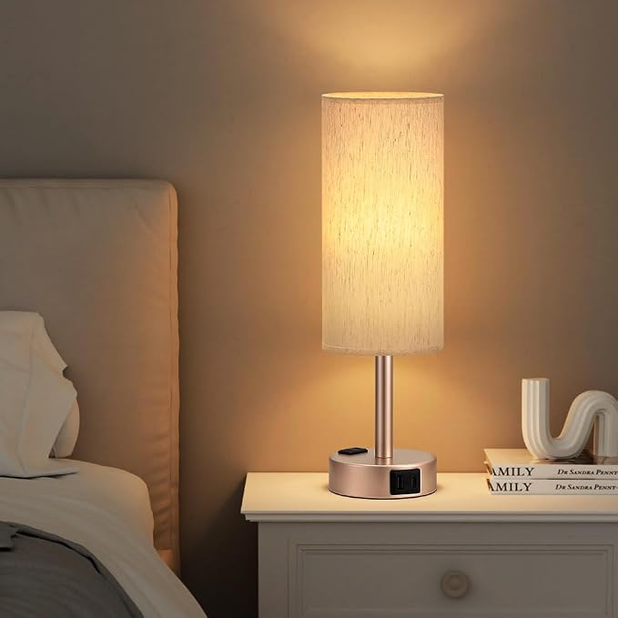 Fenmzee Bedside Table Lamp for Bedroom - 3 Way Dimmable Touch Lamp USB C Charging Ports and AC Outlet, Small Lamp Gold Base Round Flaxen Fabric Shade for Living Room, Desk, LED Bulb Included - Image 6