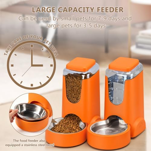 HWONMTE Portable Automatic Cat Feeder and Water Dispenser with Stainless Steel Bowl Dog Gravity Food Feeder and Waterer for Small Medium Pets Puppy Kitten 1 Gallon x 2 (Orange) - Image 3
