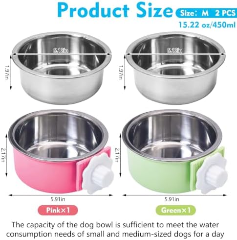 kathson Crate Dog Bowl, Removable Stainless Steel Hanging Pet Cage Bowl Food & Water Feeder Coop Cup for Cat, Puppy, Birds, Rats, Guinea Pigs (2 PCS, Size: M, Green and Pink) - Image 2