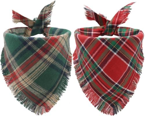 Christmas Dog Bandanas 2-Pack XL,Red-Green Plaid Scarf w/Tassels for Dogs by CozyHaus