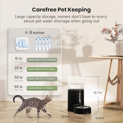 CZPET Automatic 4L Filter Dog and Cat Water Dispenser with Stainless Steel Bowl Gravity Waterer,Large Capacity and Drinking Area Noise-Free for Pets (Black) - Image 5