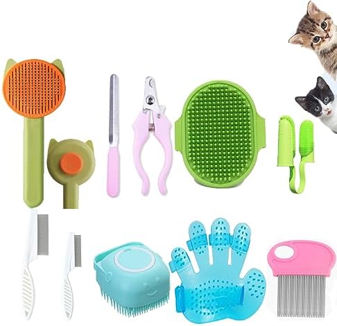 10PCS Cat & Dog Grooming Kit, Self-Cleaning Brush Removes Loose Hair, Pet Bath Brush, Massage Glove, Nail Clipper, Flea Comb by Unknown