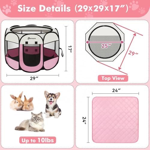 Persure Cat Dog Playpen Tent Crate Cage with Washable Pee Pad(Pink,Small) - Image 2