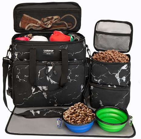 LARIPOP Dog Travel Bag Airline Friendly for Small Medium Large Dogs, Pet Travel Organizer with Collapsible Bowls Food Containers Mat, Waterproof Portable Tote for Dog Outdoor Travel by LARIPOP