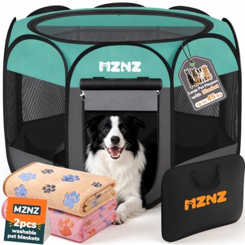 Dog Cat Small Animal Puppy Playpen Crate with 2 Blankets, Large, Blue by MZNZ