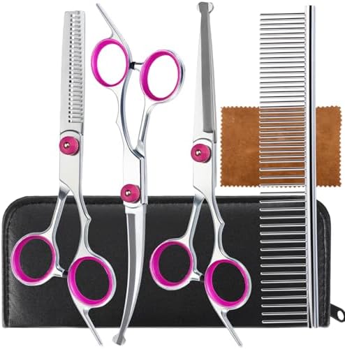 5 in 1 Premium Dog Grooming Scissors, Professional Dog Scissors for Grooming with Safety Round Tips, Lengnoyp Stainless Steel Thinning Shears, Pet Cat Shears for Grooming Kit, Pink by lengnoyp