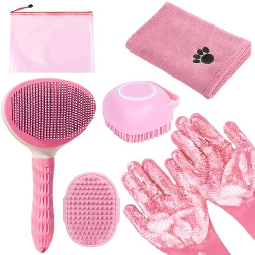 Bath Grooming Kit for Pets - Hair Brush Set with Towel, Washing Gloves, and Shampoo Scrubber Brush for Dogs and Cats (Pink) by KUEIOX