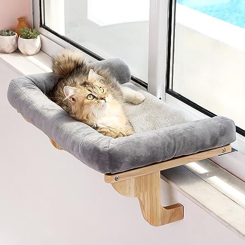 Zakkart Cat Perch for Windowsill with Bolsters (Natural Wood/Gray, L) by Zakkart