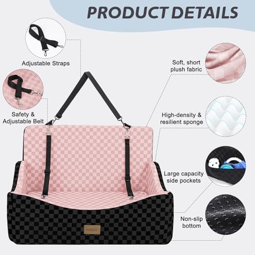 JOEJOY Dog Car Seat for Medium/Large Dogs - Reversible Dual-Sided Travel Dog Car Bed with Memory Foam, Washable Pet Booster Seat for Dogs up to 55 lbs or 2 Small Dogs, 2 Safety Leashes, Pink - Image 4