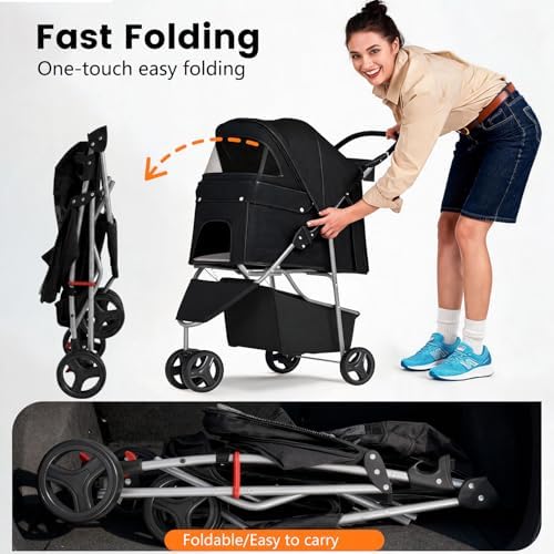 BestPet | 3-Wheel Pet Stroller | Dog and Cat Stroller | Breathable Mesh | Lightweight Travel Carrier | Waterproof & Foldable Design | Storage Basket | Black | for Daily Walks & Outdoor Use - Image 3