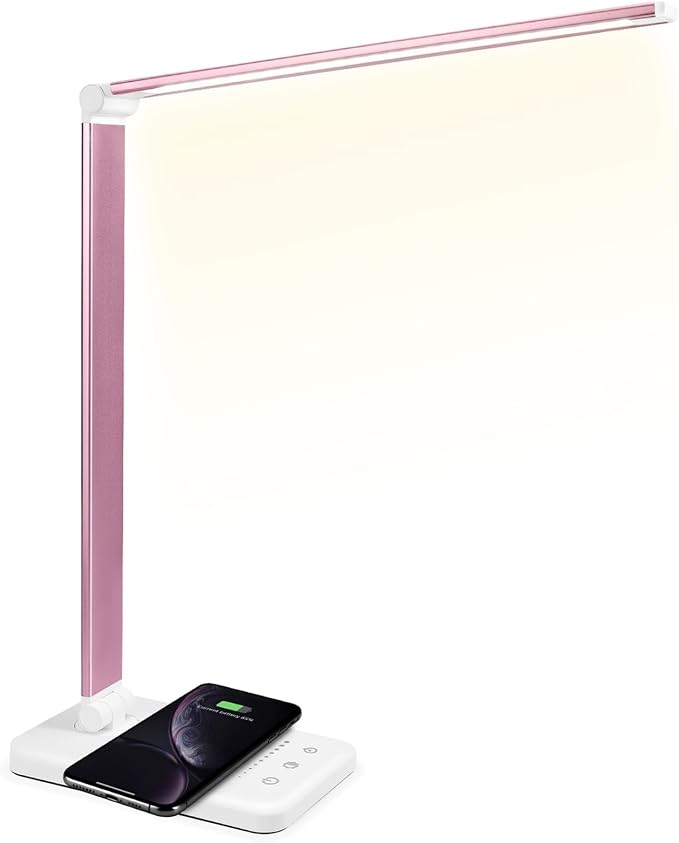 LED Desk Lamp with Wireless Charger, USB Charging Port, Desk Lighting with 10 Brightness, 5 Color Modes, Dimmable Eye Caring Reading Desk Lamps for Home Office, Touch Control, Auto Timer, Pink - Image 9