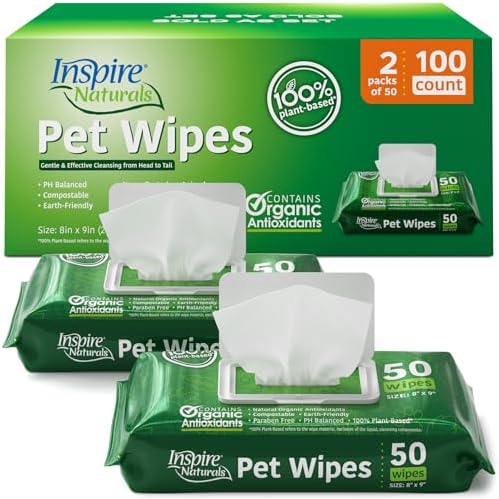 Inspire Naturals Pet Wipes for Dogs and Cats 100% Natural Plant Based with Organic Antioxidants, Dog Wipe Cleaning Deodorizing | Puppy Wipes | Dog Wipes for Paws and Butt(100ct - 2 Pack) by Inspire