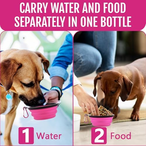 Dog Travel Water Bottle W/Collapsible Bowls - Portable 2 in 1 Leakproof Pet Water Bottle Food Container Ideal for Travel, Outdoor Portable Water Bowls for Walking, Camping & Hiking - (Pink) - Image 4