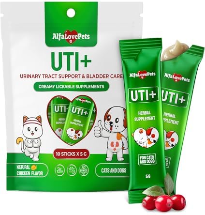 Cat UTI Treatment for Frequent Urination, Bladder & Kidney Irritation – Squeezable Dog UTI Treatment for Natural Care – Creamy UTI+ Cranberry Supplement for Dogs with Chicken Flavor – 10 Sticks x 5 g by AlfaLovePets