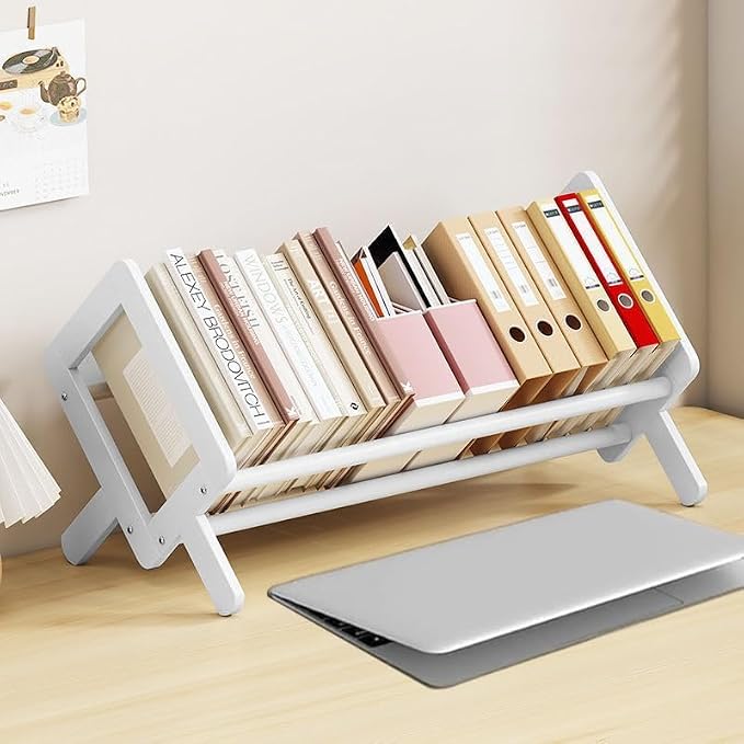 Wood Tilting Bookcase in Living Room/Home/Office, Desktop Book Shelf Organizer Bookshelves Storage Rack for CDs/Magazine/Books Display (White, 19.68"-L) by Fox+Claw