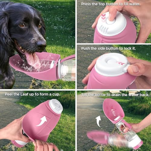 Uppetly Dog Water Bottle, Pet Water Bottle with Food Container and Drinking Feeder, Leak Proof, BPA-Free, Portable Foldable Puppy Water Cup Dispenser for Outdoor Walking, Travel, Hiking Large Pink - Image 4