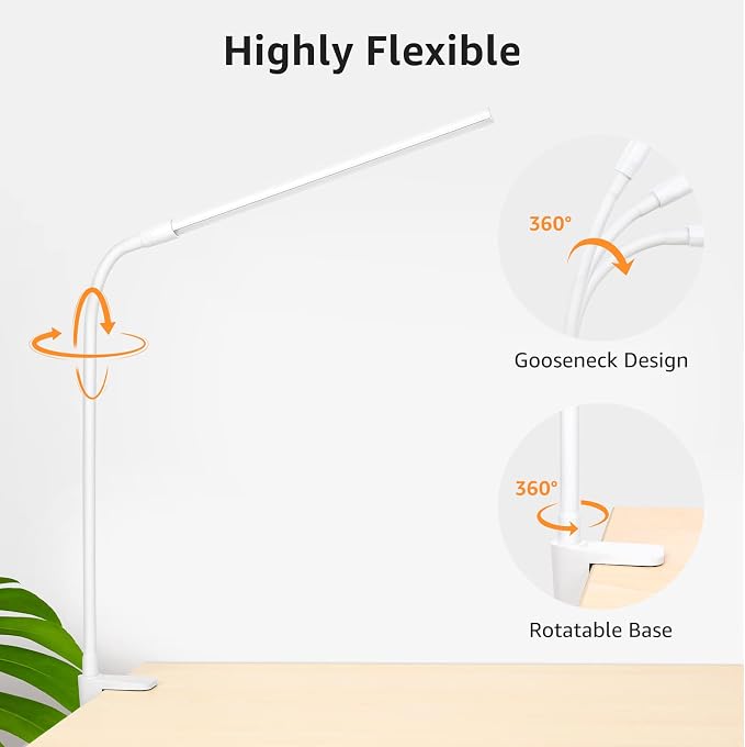 Lepro Small Desk Lamp with Clamp, LED Reading Lamps, 460LM, 5W, White | 3 Color Modes 10 Brightness, Dimmable USB Clip on Desk Light with Gooseneck Swing Arm for Nail, Home Office and Dorm - Image 7