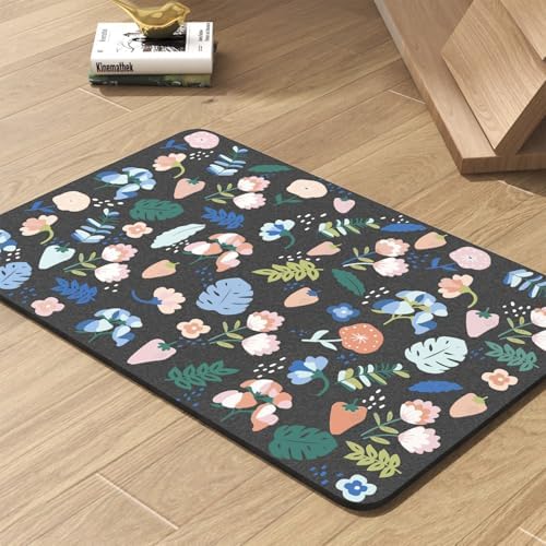 Pet Feeding Mat-Absorbent Dog Mat for Food and Water Bowl-No Stains Quick Dry Water Dispenser Mat-Dog Accessories Pet Supplies-Bowl for Messy Drinkers（DARKFLOWERS,12"x19" by PADOOR