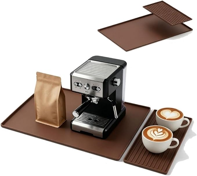 Silicone Coffee Mat 24 x 16 in with Tray, Classic Coffee Brown | Coffee bar mat for countertop use, coffee station mat or coffee machine mat with removable tray and 0.47 in raised rim. by DXOKNQG