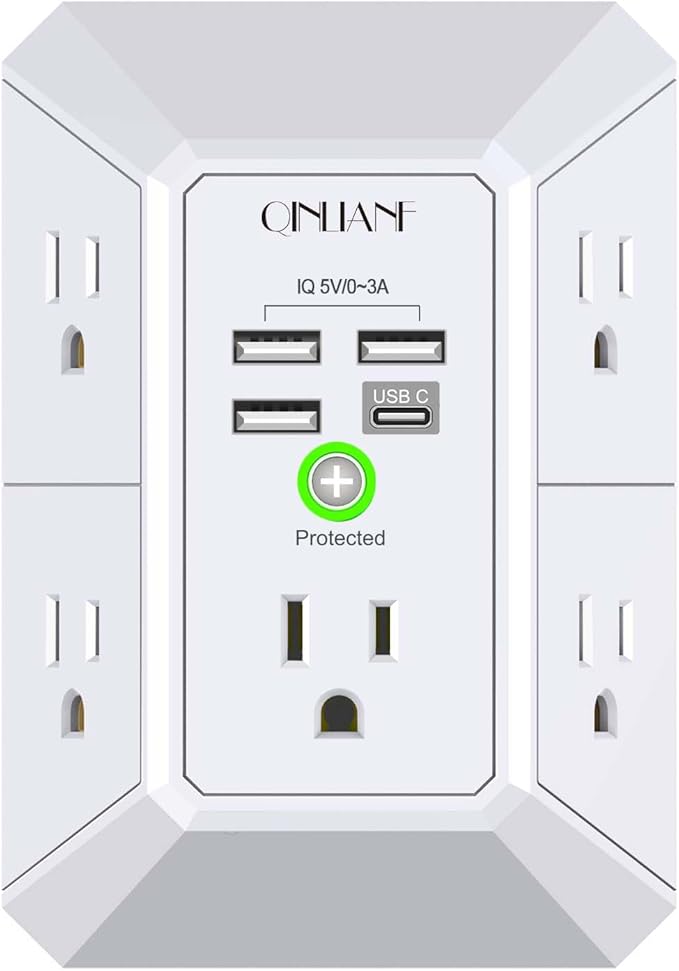 Wall Charger, Surge Protector, QINLIANF 5 Outlet Extender with 4 USB Charging Ports, 3-Sided 1680J Power Strip Multi Plug Adapter Spaced for Home Travel Office by QINLIANF