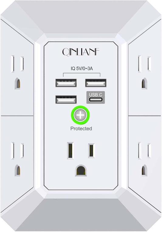 Wall Charger, Surge Protector, QINLIANF 5 Outlet Extender with 4 USB Charging Ports, 3-Sided 1680J Power Strip Multi Plug Adapter Spaced for Home Travel Office by QINLIANF