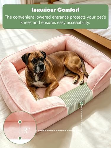 Spotted Play Orthopedic Dog Bed with Sides - Sofa Beds for Large Dogs, Supportive Foam Pet Couch Bed with Washable Removable Cover, Waterproof Lining and Non-Slip Bottom, Pink - L-Plus - Image 3