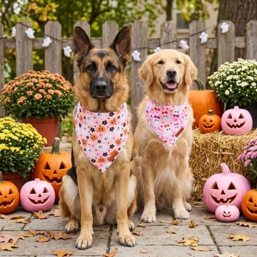 PTDECOR Pink Halloween Dog Bandanas, Pumpkin Bow Ghost Pet Scarf, X-Large - Image 2