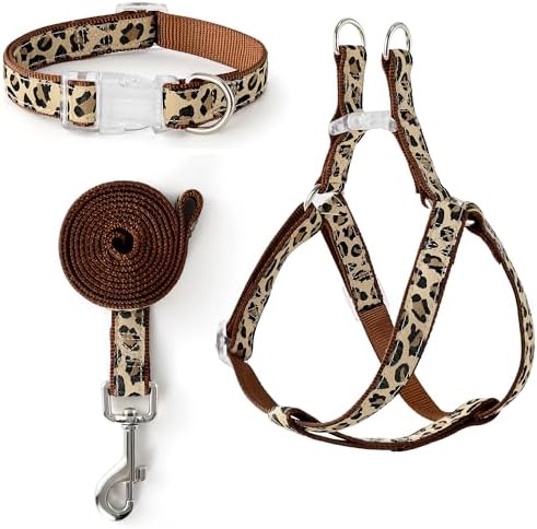 Mile High Life Leopard Dog Harness Collar Leash Set, Adjustable No Pull Dog Halter Harness for Small Breed Dogs, Easy Control for Training Walking (Brown, M Chest 15"-21", Neck 13"-17") by MileHighLife